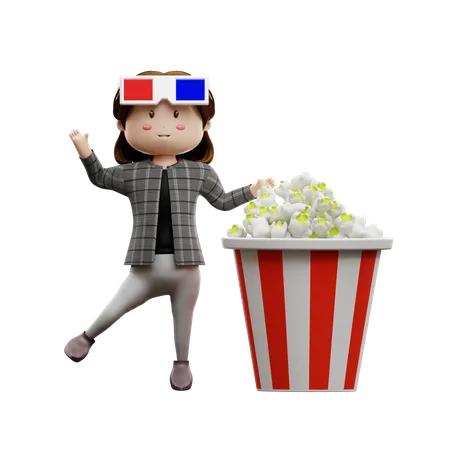 Happy girl waving hand with popcorn  3D Illustration