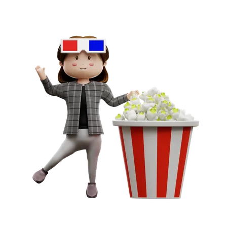 Happy girl waving hand with popcorn 3D Illustration