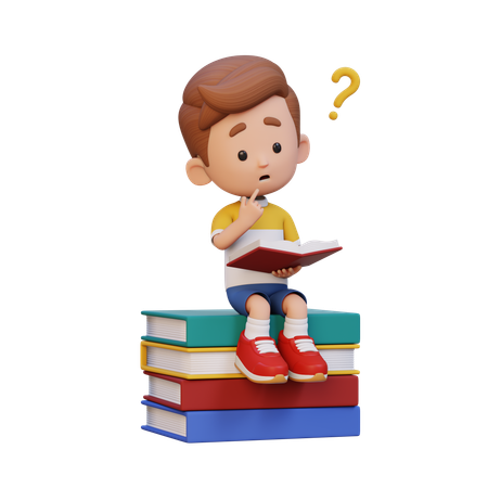 Happy Kid Getting Confused When Reading Book  3D Icon
