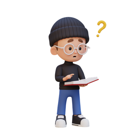 Happy Kid Getting Confused When Reading Book  3D Icon
