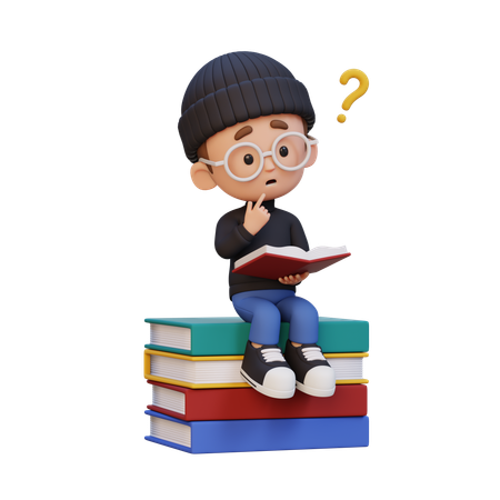 Happy Kid Getting Confused When Reading Book  3D Icon