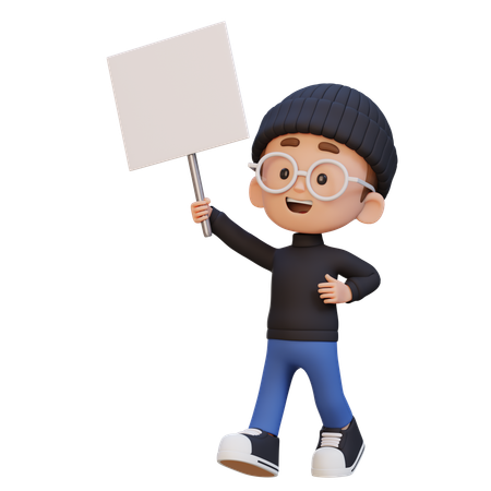 Happy Kid Holding Blank Placard  3D Icon