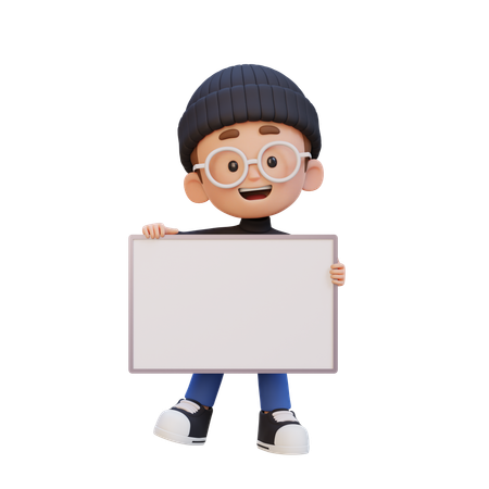 Happy Kid Holding Blank Placard  3D Icon