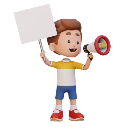 Happy Kid Holding Blank Placard And Holding Megaphone  3D Icon