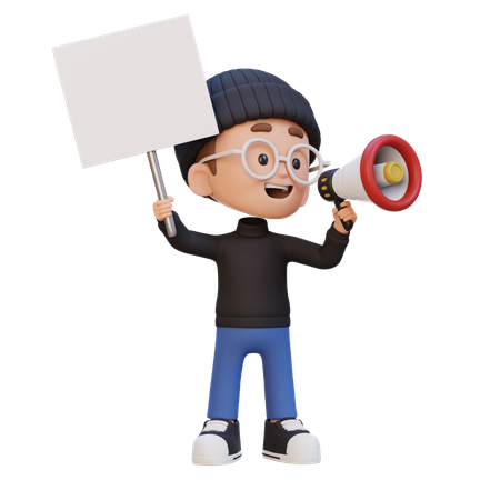 Happy Kid Holding Blank Placard And Holding Megaphone  3D Icon