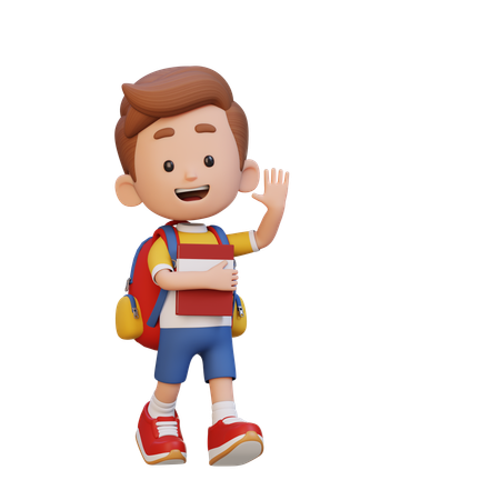 Happy Kid Holding Book And Waving Hand  3D Icon