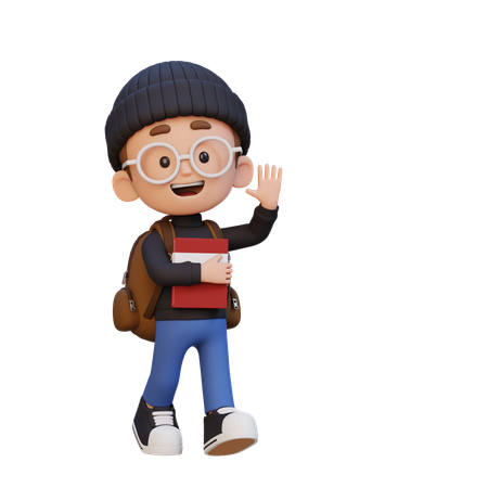 Happy Kid Holding Book And Waving Hand  3D Icon