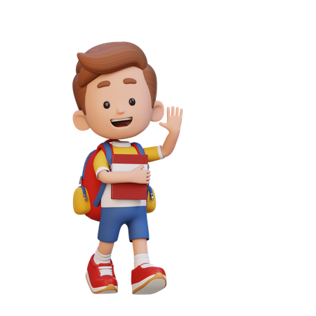 Happy Kid Holding Book And Waving Hand  3D Icon