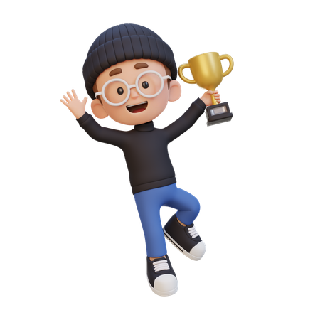 Happy Kid Holding Trophy  3D Icon