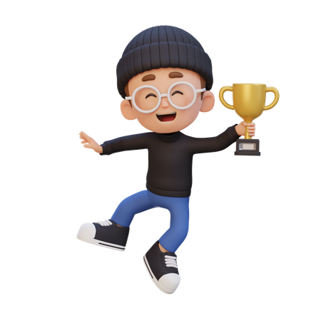 Happy Kid Holding Trophy  3D Icon