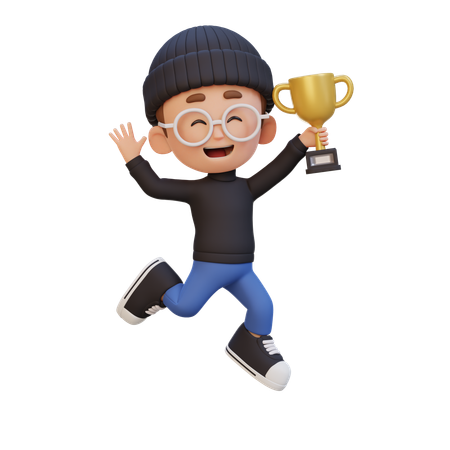 Happy Kid Holding Trophy  3D Icon