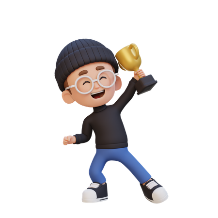 Happy Kid Holding Trophy  3D Icon