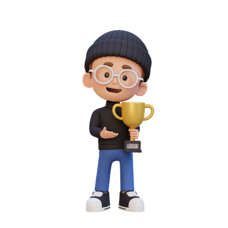 Happy Kid Holding Trophy  3D Icon