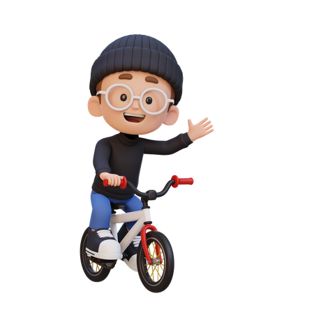 Happy Kid Riding Bike While Go To School  3D Illustration