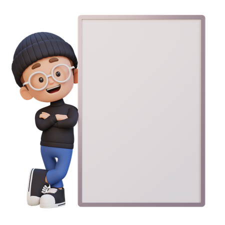Happy Kid Standing With Blank Placard  3D Icon