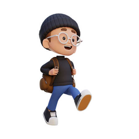 Happy Kid Walking And Go To School Holding Bag  3D Icon