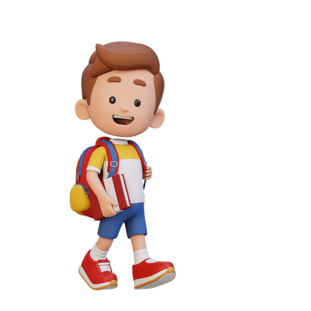 Happy Kid Walking And Go To School Holding Book  3D Icon