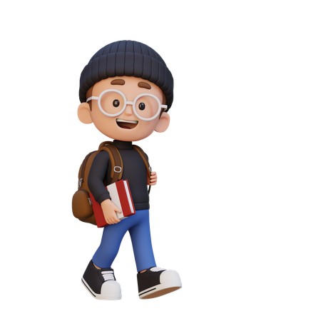 Happy Kid Walking And Go To School Holding Book  3D Icon