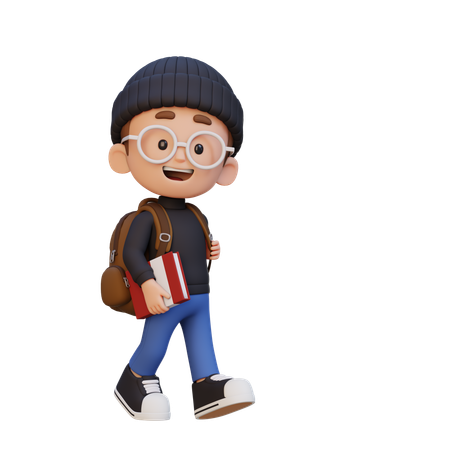 Happy Kid Walking And Go To School Holding Book  3D Icon