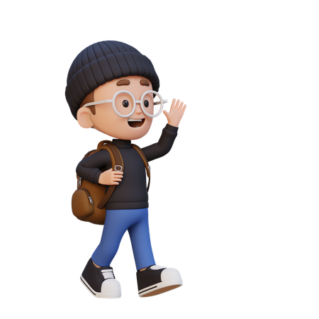 Happy Kid Walking And Waving Hand  3D Icon