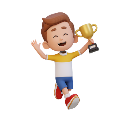 Happy Kid Waving Hand And Holding Trophy  3D Icon