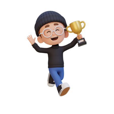 Happy Kid Waving Hand And Holding Trophy  3D Icon