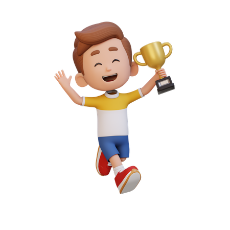 Happy Kid Waving Hand And Holding Trophy  3D Icon