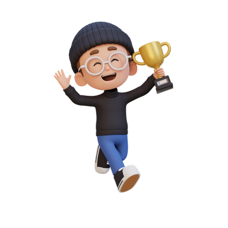 Happy Kid Waving Hand And Holding Trophy  3D Icon