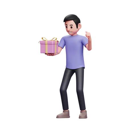 Happy man celebrates victory when he receives a valentine gift  3D Illustration