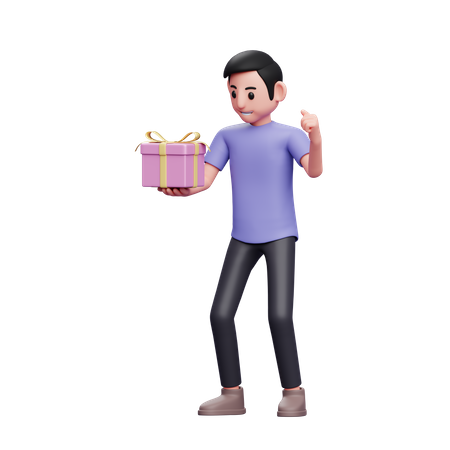 Happy man celebrates victory when he receives a valentine gift 3D Illustration