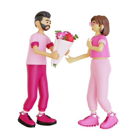 Happy man giving flower bouquet to girl  3D Icon