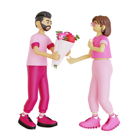 Happy man giving flower bouquet to girl  3D Illustration