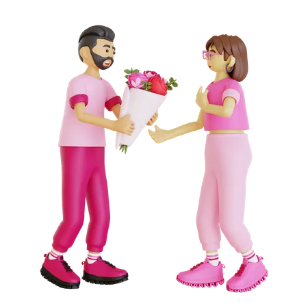 Happy man giving flower bouquet to girl  3D Illustration