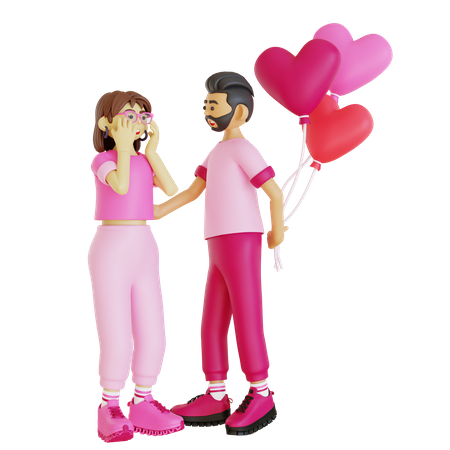 Happy man giving valentine surprise to girl  3D Illustration