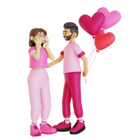 Happy man giving valentine surprise to girl  3D Illustration