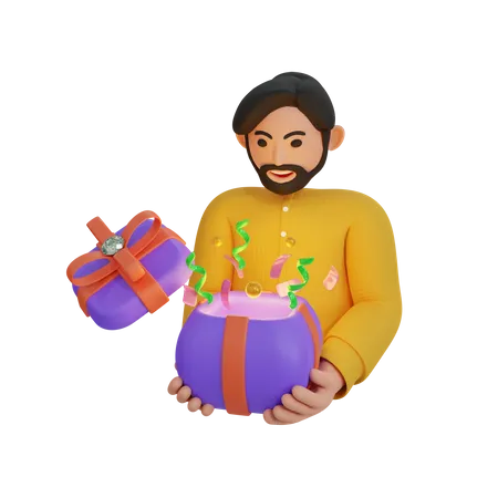 Happy man holding gift box  3D Icon