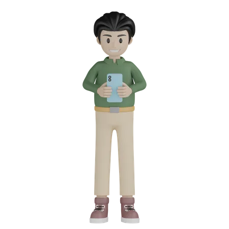 Happy man holding mobile and talking  3D Illustration