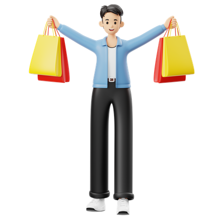 Happy Man Holding Shopping Bags  3D Illustration