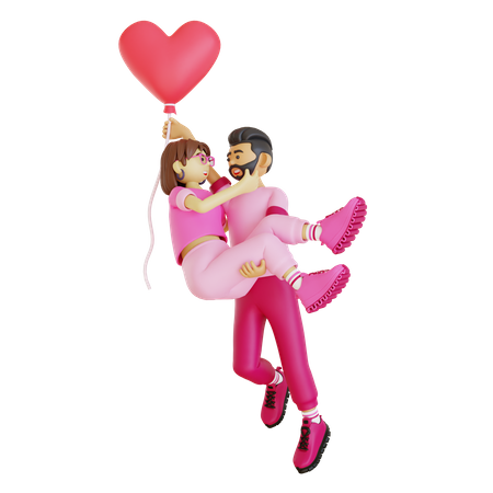 Happy man lifting girl with heart balloon  3D Illustration