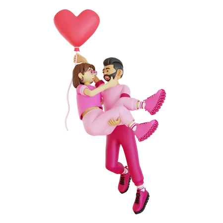 Happy man lifting girl with heart balloon  3D Illustration