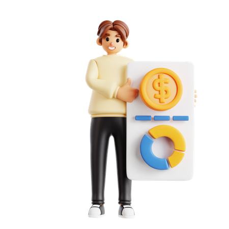 Happy Man Presenting Financial Data Dashboard  3D Illustration