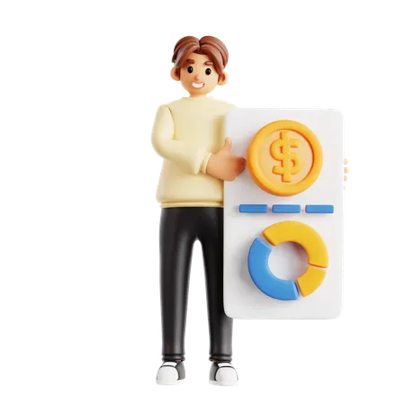 Happy Man Presenting Financial Data Dashboard  3D Illustration