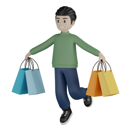 Happy man running with shopping bags 3D Illustration