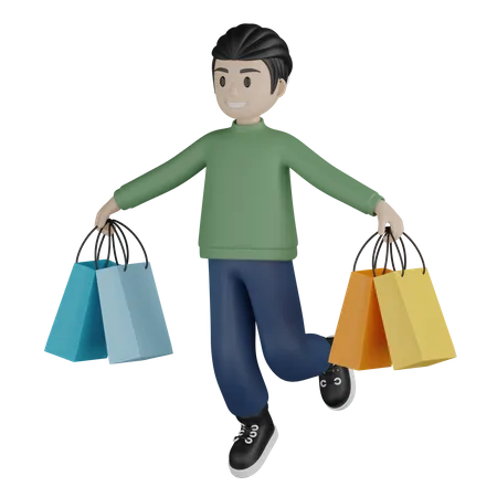 Happy man running with shopping bags 3D Illustration