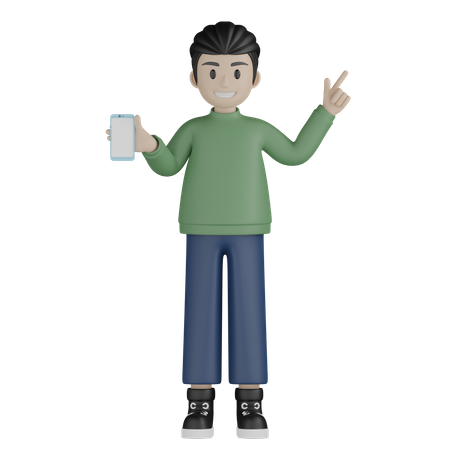 Happy man showing mobile and pointing up  3D Illustration