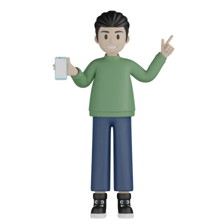 Happy man showing mobile and pointing up  3D Illustration