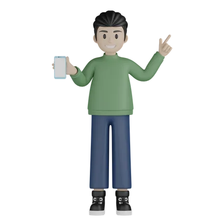 Happy man showing mobile and pointing up 3D Illustration