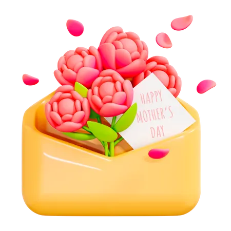 3 D Happy Mothers Day Bouquet Of Flowers In Card Or Envelope Pink Roses With Leaves And Petal Spring Illustration Cartoon Creative Design 3D Icon