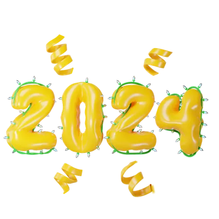 Happy New Year 2024 3 D Illustration Of Yellow Foil Balloon Numeral 3D Icon
