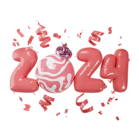 Happy New Year 2024 3 D Render Of Number 2024 With Pink Balloon And Confetti 3D Icon